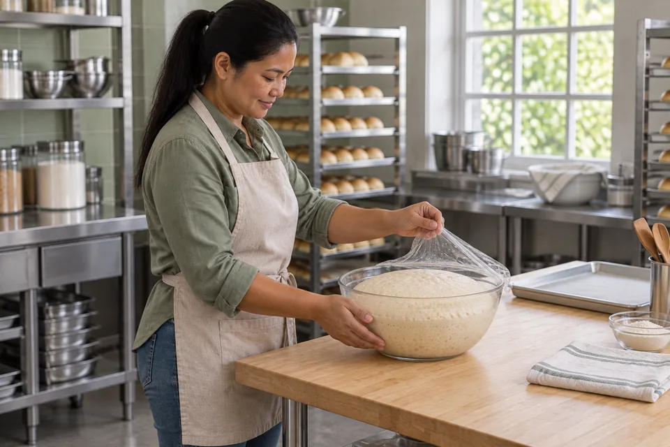 The baker stands at the side of the bench, lifting the cover to check doubled pandesal dough.