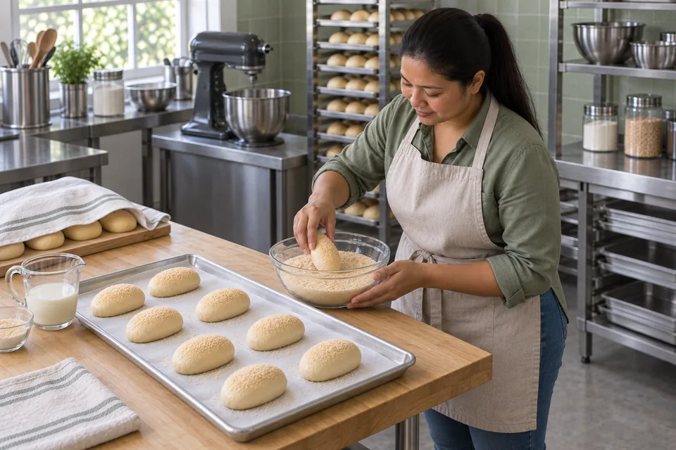 The baker bends toward a bowl of fine breadcrumbs to coat an oval roll beside a tray of shaped pandesal.