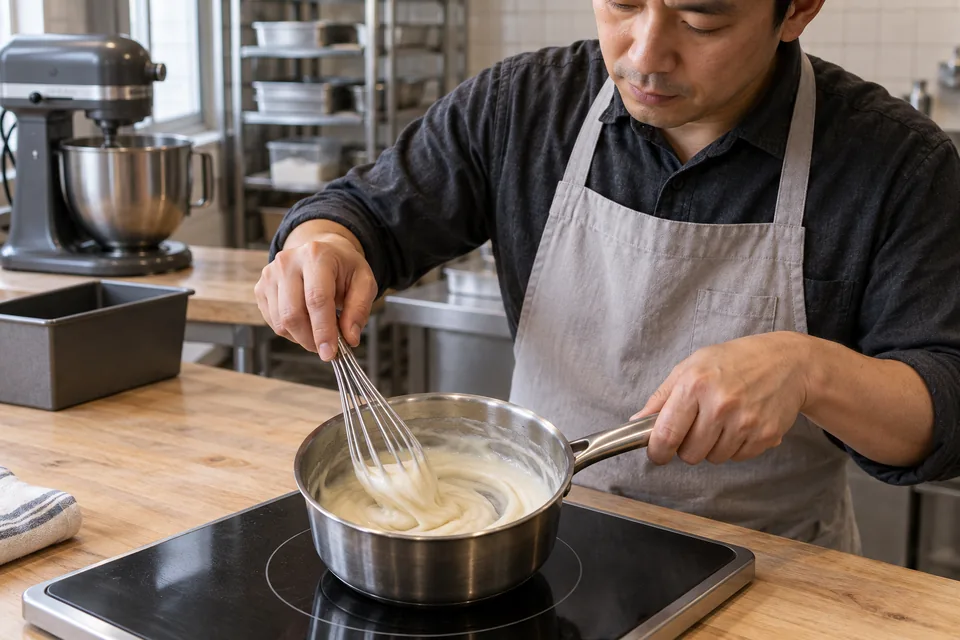 A whisk leaving clear tracks in thick milk-and-flour paste in a small saucepan.