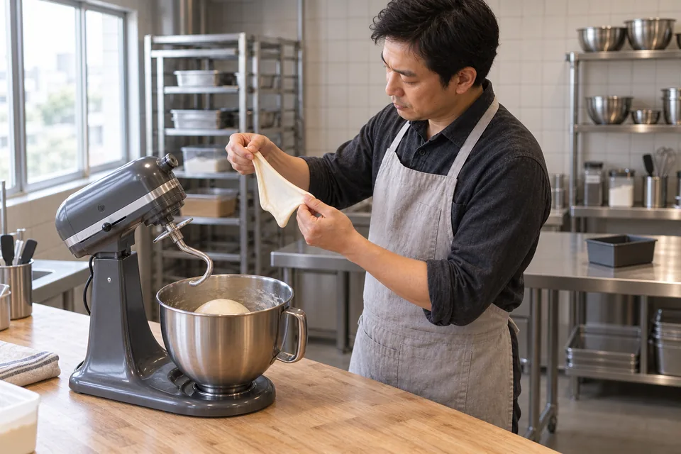 The chef stands beside the stopped mixer, turning toward a small piece of elastic milk-bread dough held between his hands.