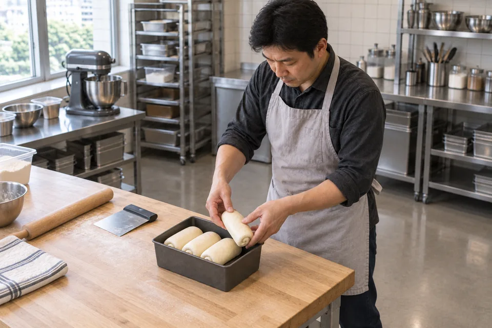 The chef stands diagonally at the shaping bench, lowering the fourth dough roll beside the three already in the tin.