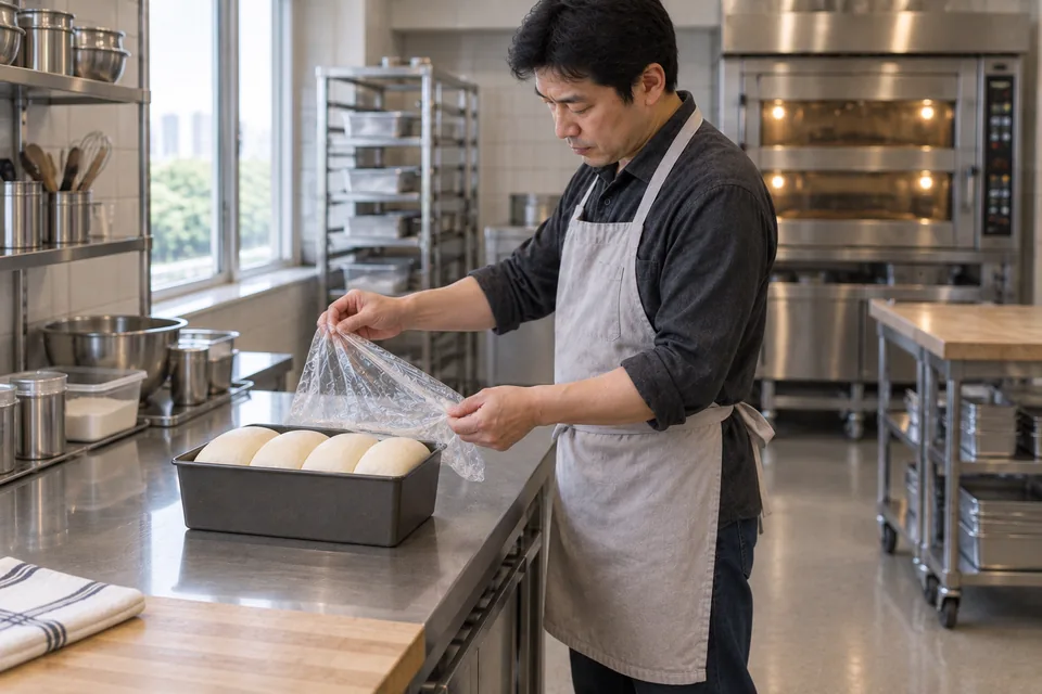 Standing beside a stainless worktop, the chef lifts the cover from four puffy milk-bread rolls in their tin.