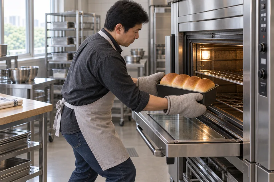 With knees slightly bent and both hands in oven mitts, the chef lifts the golden four-lobed milk loaf from the oven.