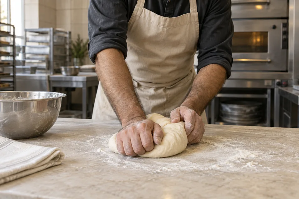A baker kneads a soft, cohesive dough on a lightly floured stone bench in a professional bakery.