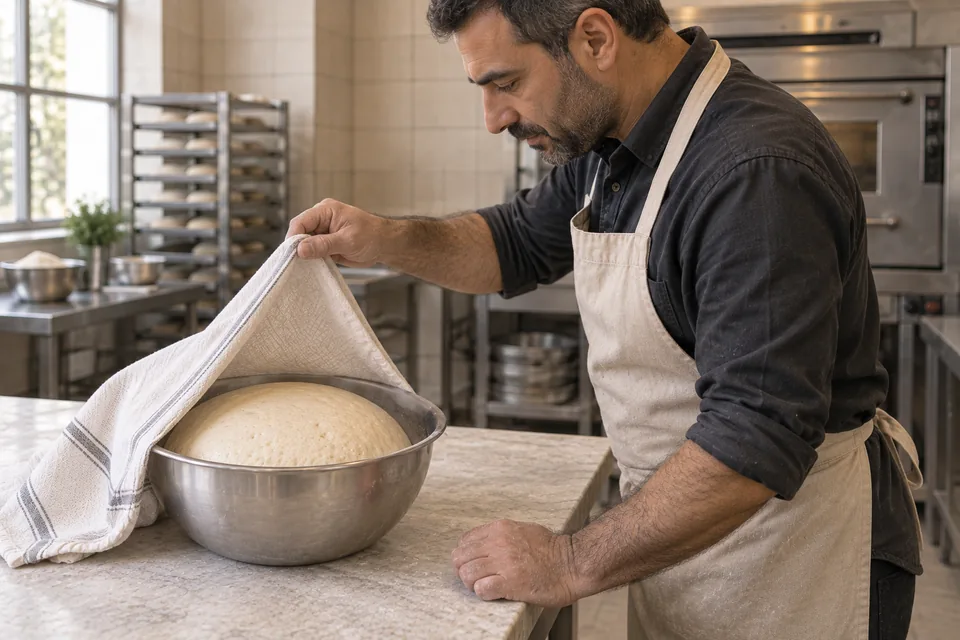 A baker leans toward a bowl and lifts its cloth to inspect the expanded, airy dough.