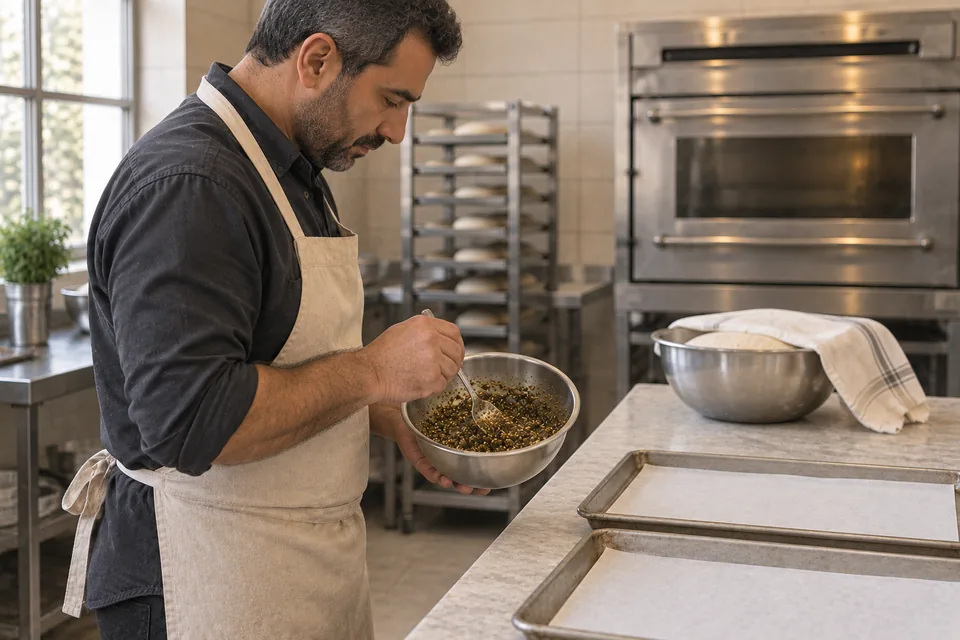 Standing beside the bench, a baker holds a small steel bowl and stirs the coarse zaatar, sesame and olive-oil topping.