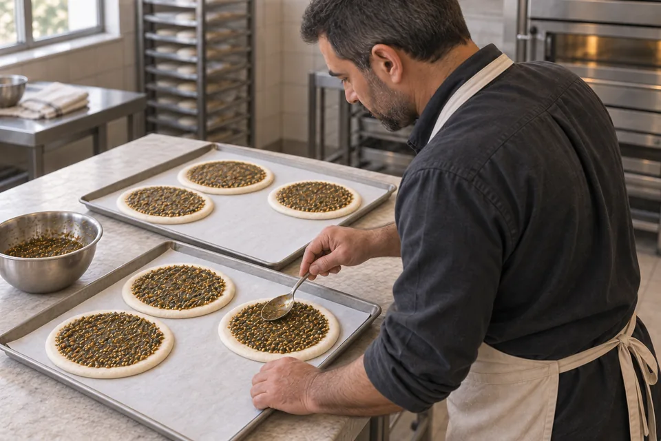 Seen over the baker’s shoulder, zaatar is spread onto one of six raw flatbreads arranged three per lined tray.