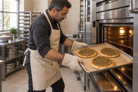 A baker stands beside the oven and uses mitts to draw out a tray of three baked zaatar flatbreads with golden edges.