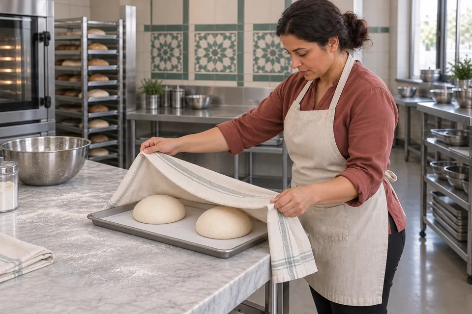 Standing at the opposite side of the bench, the cook lowers a cloth over two rounded dough mounds.