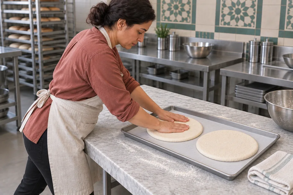 The cook leans over a lined tray to pat the dough into two broad, thin rounds.