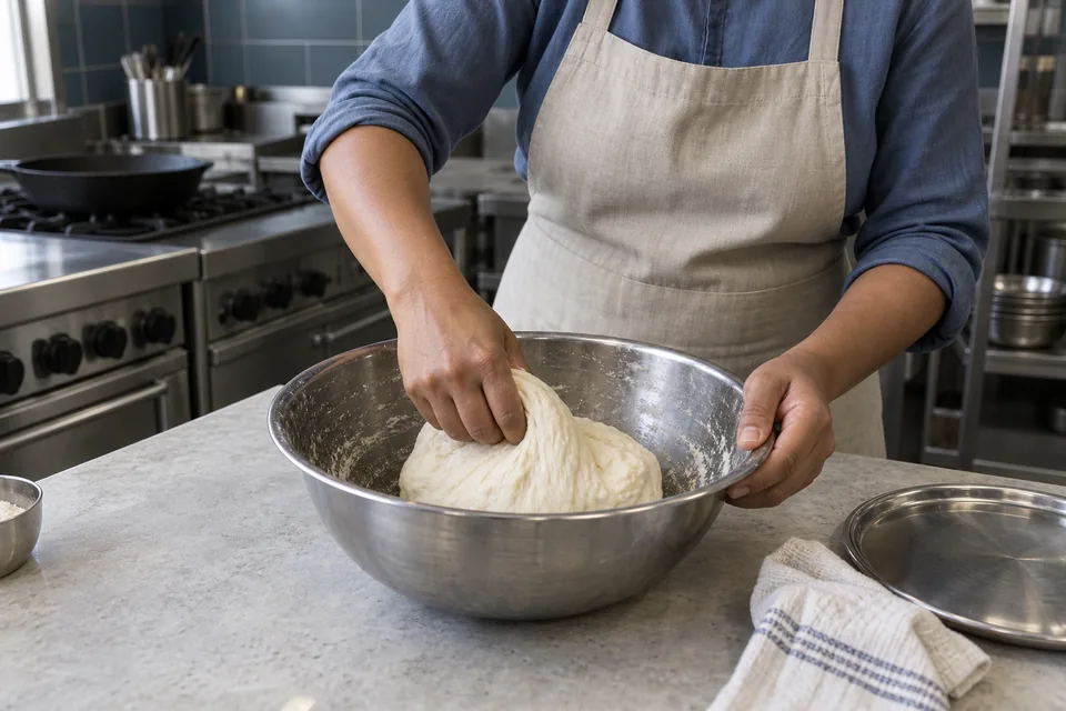 A cook stretches and kneads a soft white dough in a stainless bowl.