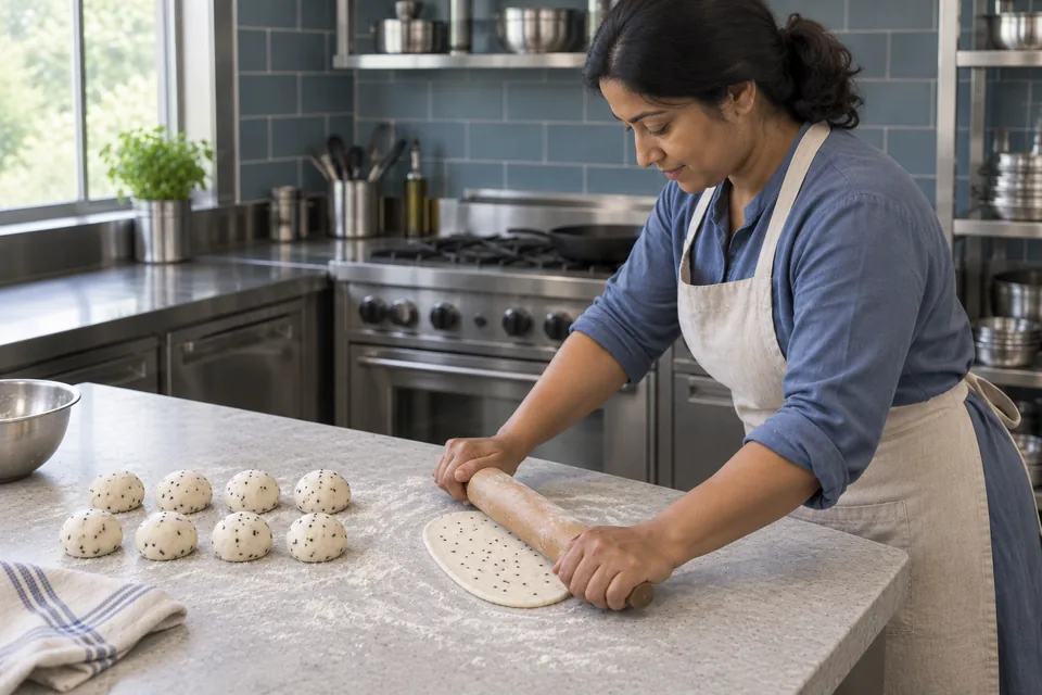 A cook leans forward to roll one seeded oval of naan dough, with eight small dough balls waiting beside it.