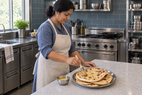 A cook stands beside the serving bench and brushes butter over a stack of browned, flexible naan on a metal platter.
