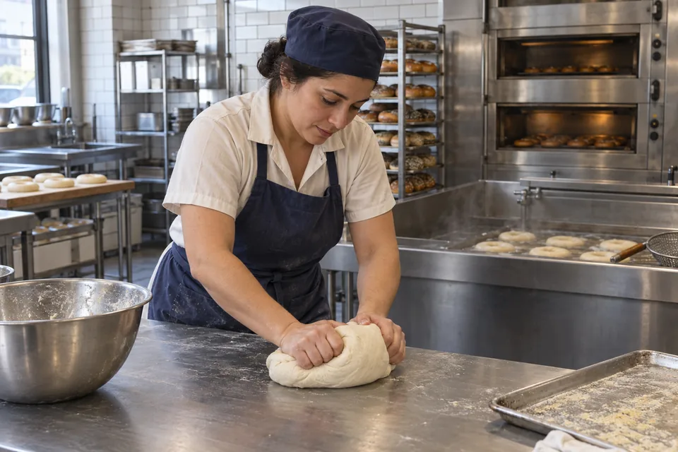 The baker pushes and folds a firm mass of pale bagel dough on the workbench.