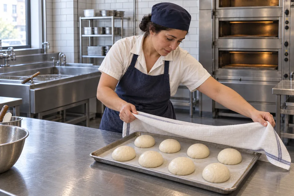 Eight smooth dough balls rest on a lined tray as the baker brings over a cloth.