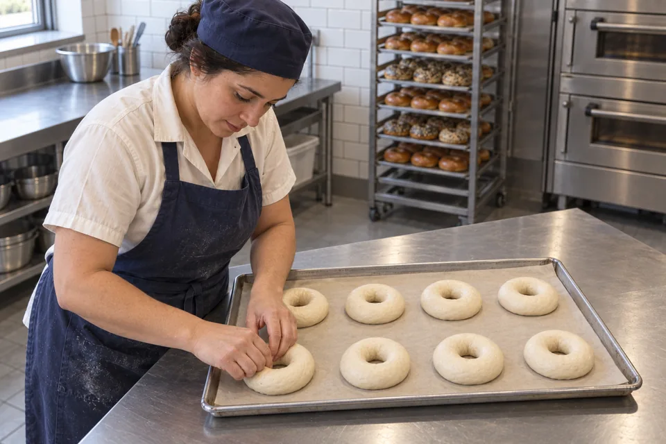 The baker widens one dough ring while seven shaped rings rest on the tray.