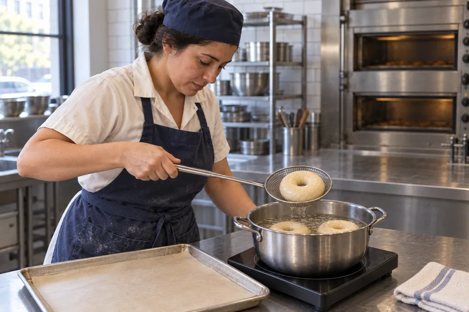 The baker drains a glossy boiled bagel above the pot while two rings float separately below.
