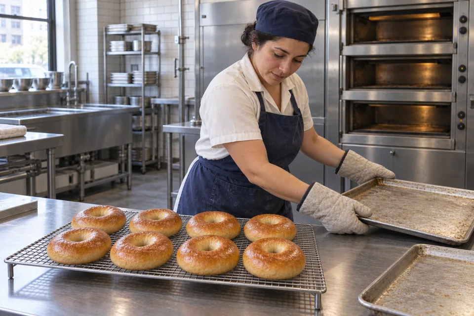 Eight deep golden-brown plain bagels cool on a wire rack beside the baker.