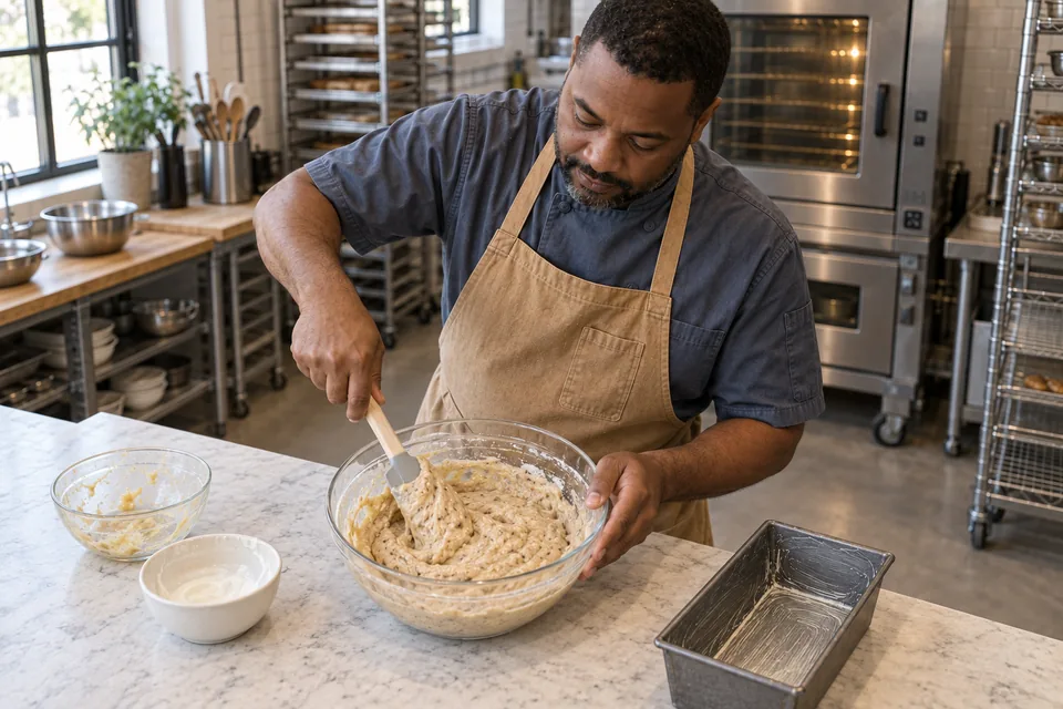 A spatula folds thick banana-speckled batter in the mixing bowl.