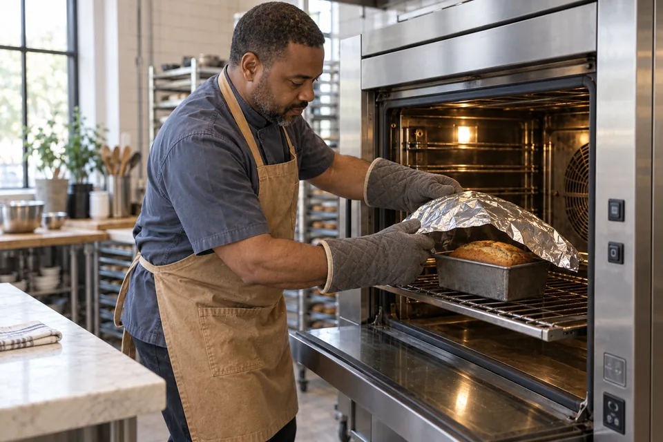 Wearing oven mitts, the baker places a loose foil tent over the loaf tin on the oven rack.