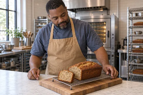 One cooled banana loaf and its matching end slice rest together on a wire rack.