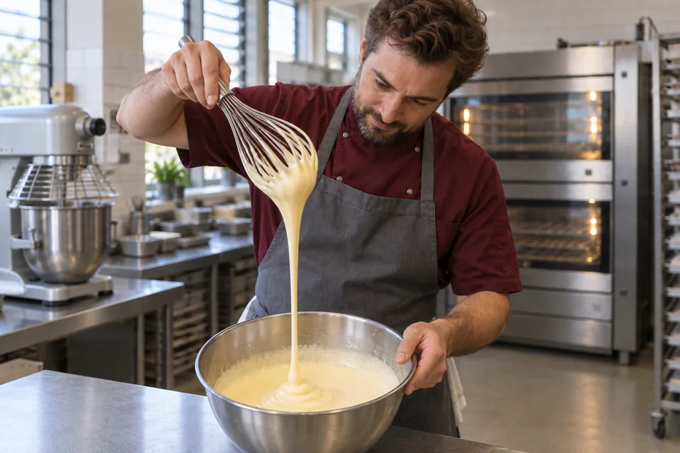 Pale egg foam falls from the chef’s whisk in a thick ribbon into the bowl.