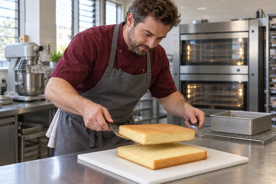 The chef lifts the upper half of a cooled square sponge, revealing its horizontal split.