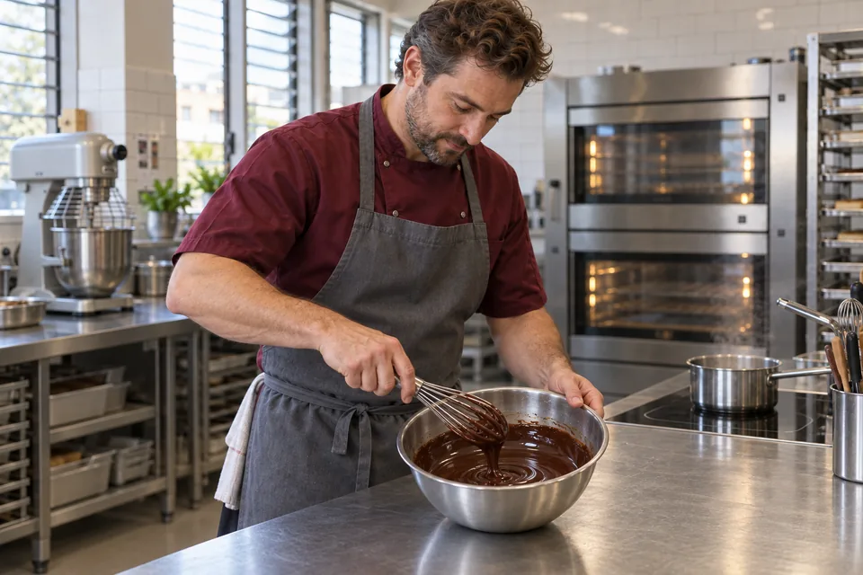 The chef whisks smooth chocolate icing in a bowl beside the used water-bath saucepan.