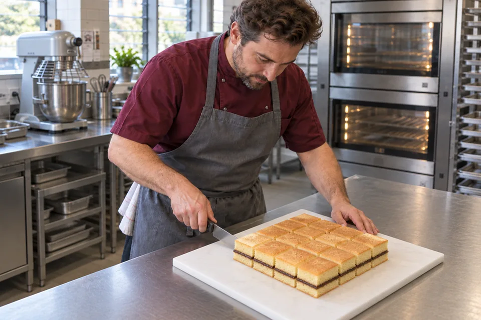 A filled square sponge is cut into a four-by-four grid, with chocolate visible between its two layers.