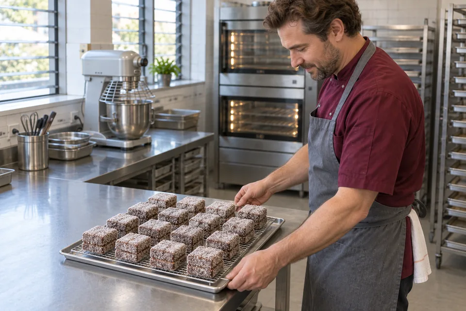 Sixteen coconut-coated lamingtons set in a four-by-four arrangement on a raised rack.