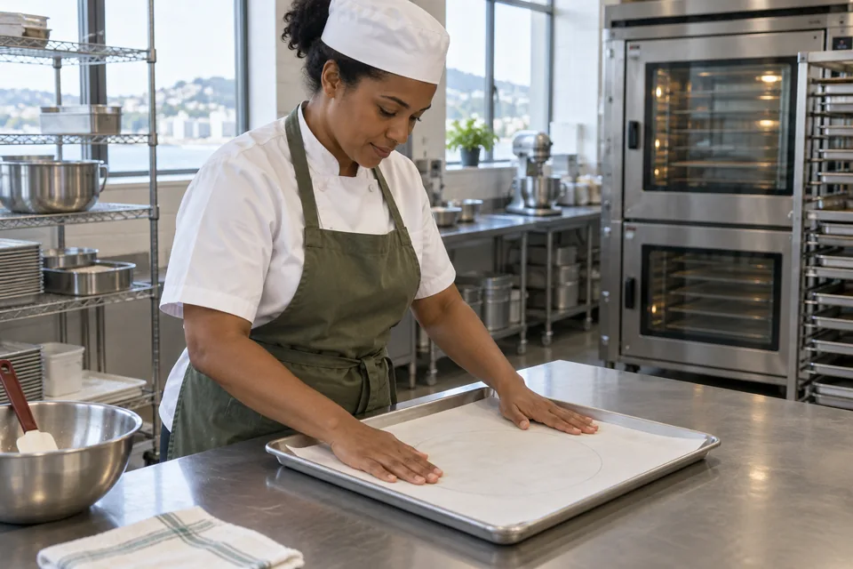 The chef smooths parchment bearing a faint circle onto a baking tray.