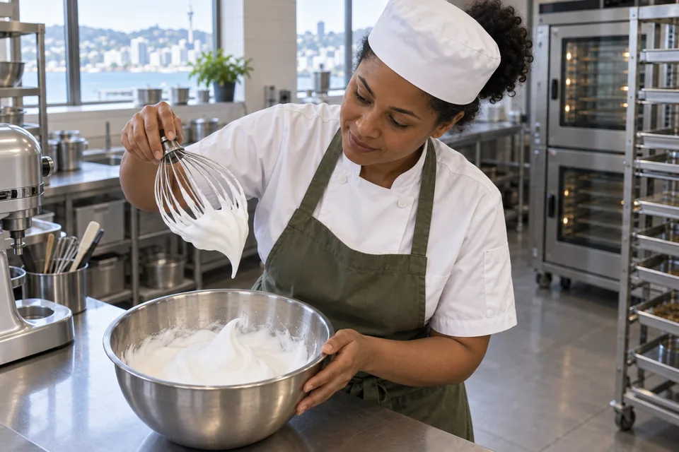 A bent soft peak of white egg foam hangs from the lifted whisk.