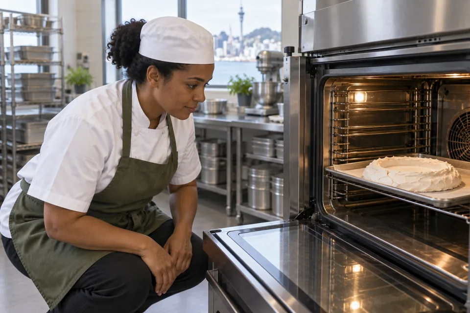 One dry ivory pavlova shell rests on a tray inside the oven as the chef checks it from the side.