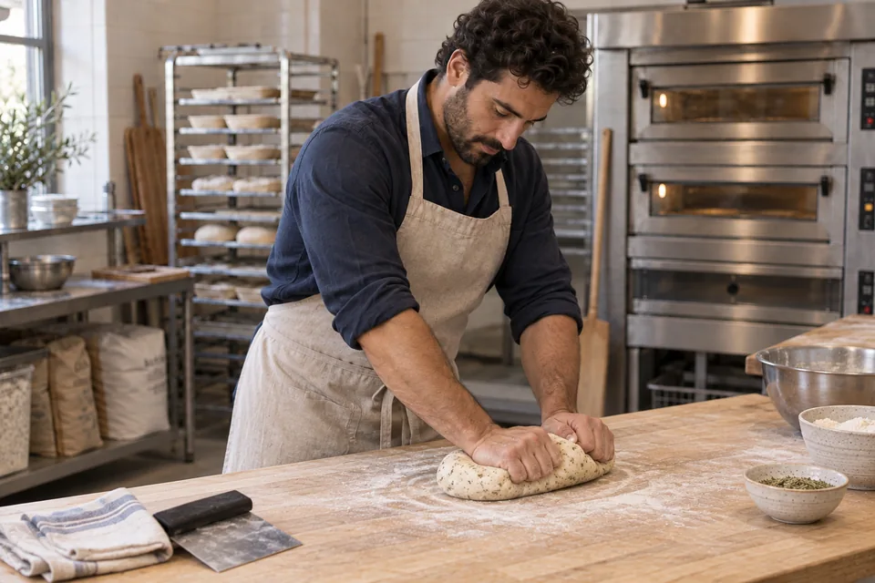 Baker kneading smooth oregano-flecked dough on a lightly floured bench.
