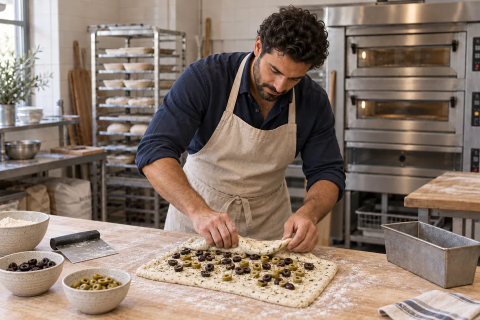 Baker folding soft oregano dough over sliced green and black olives.
