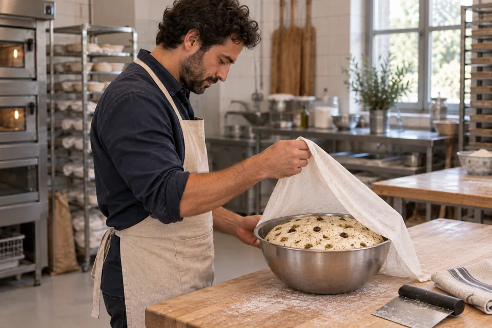 Baker standing side-on and lifting the cover to inspect puffy olive-and-oregano dough in a bowl.