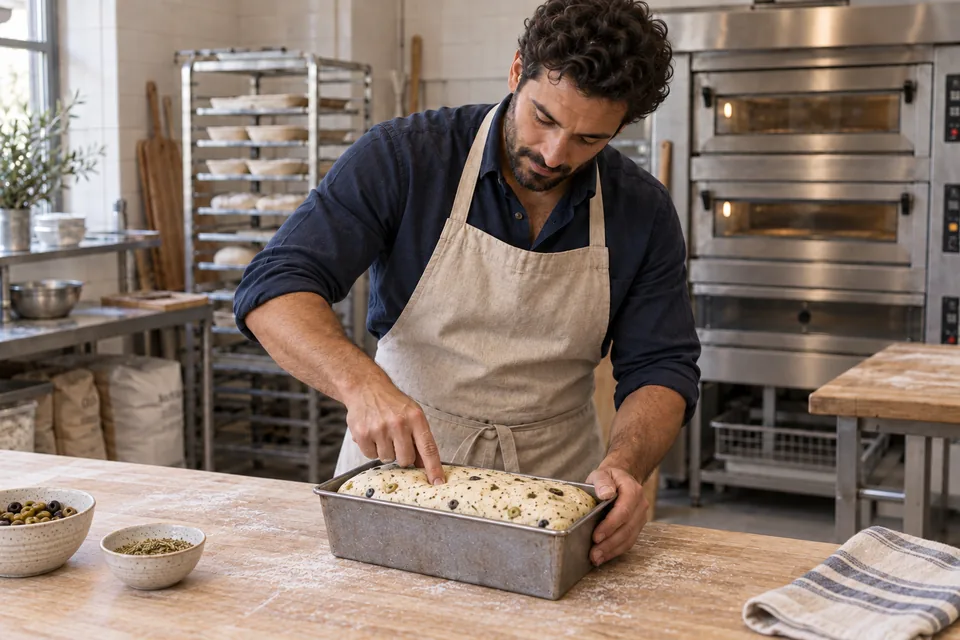 Baker gently checking the rise of an olive-and-oregano loaf in its rectangular tin.