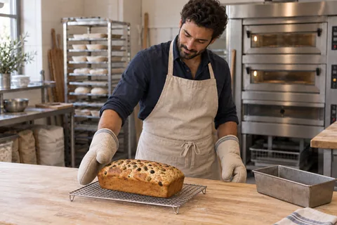 Baker setting one golden olive-and-oregano loaf on a cooling rack beside its empty tin.