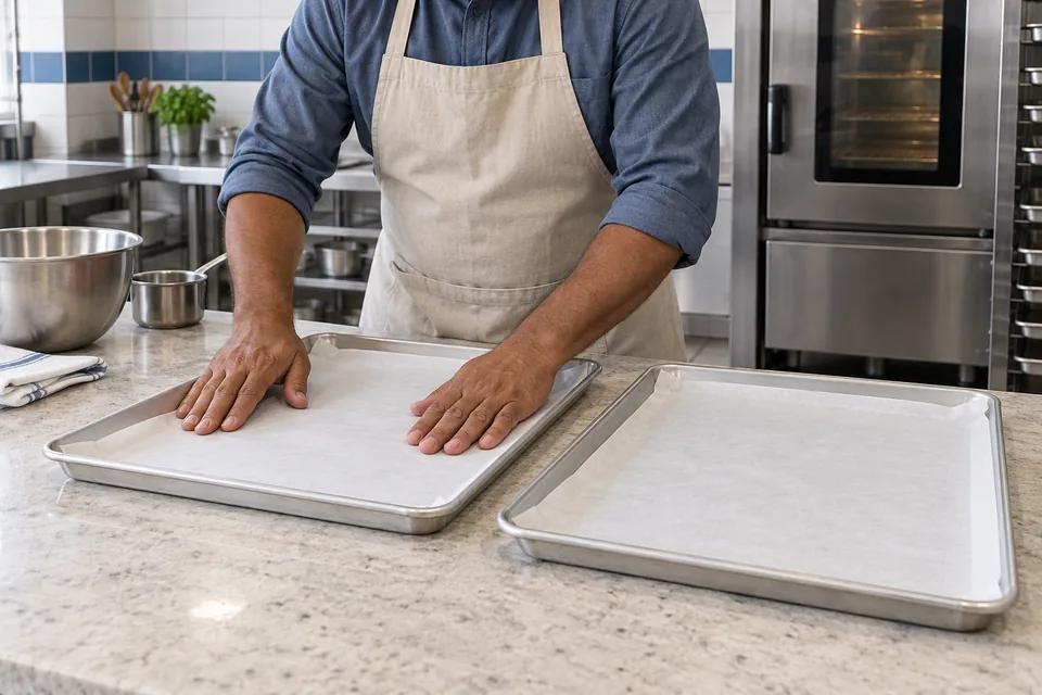 Hands smoothing parchment onto one of two empty baking trays in a professional bakery.