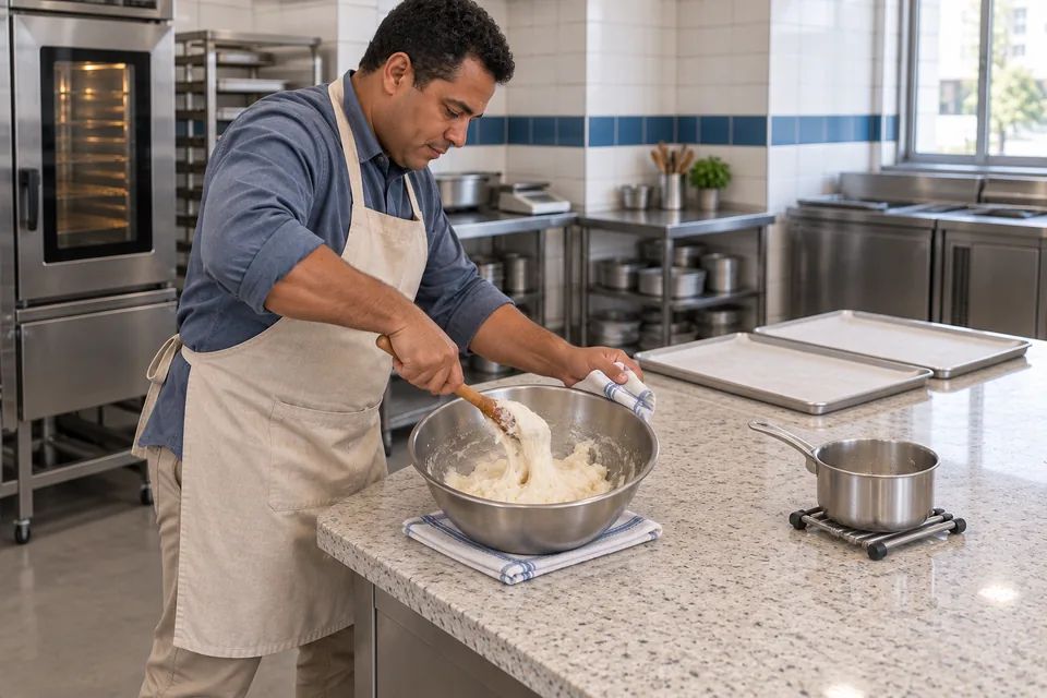 Seen from the side, the cook leans over a steel bowl and beats elastic tapioca paste with a wooden spoon.