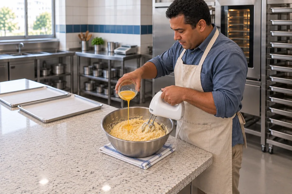 Standing at the opposite side of the bench, the cook pours beaten egg into tapioca-cheese dough while holding a hand mixer.