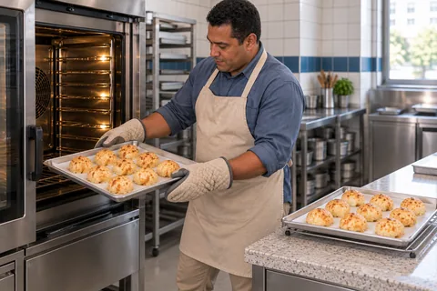The cook stands beside the oven holding a tray of golden cheese buns with two oven mitts; a second tray rests on a cooling rack.