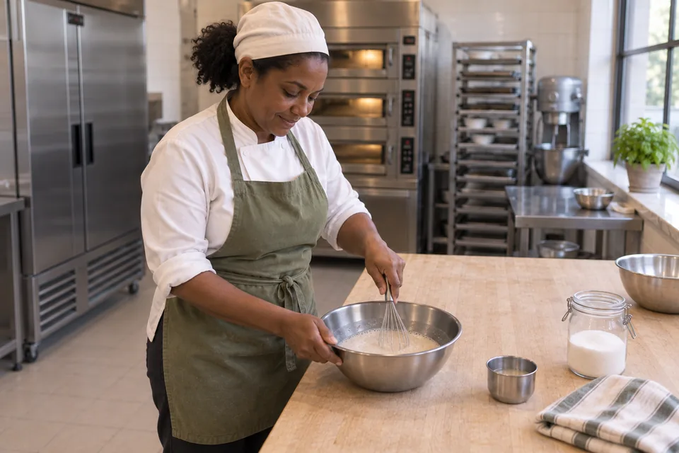 Baker whisking the yeast mixture in a bowl.