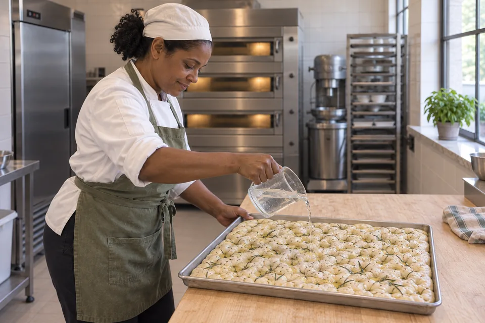 Clear salt-water brine pouring into dimples on rosemary focaccia dough.