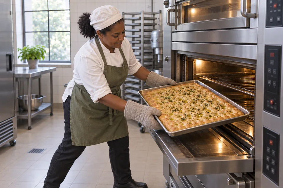 One golden garlic-and-herb focaccia on its unlined baking sheet.