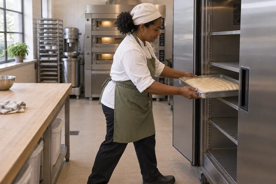 Covered dough in an oiled rectangular sheet ready for refrigeration.