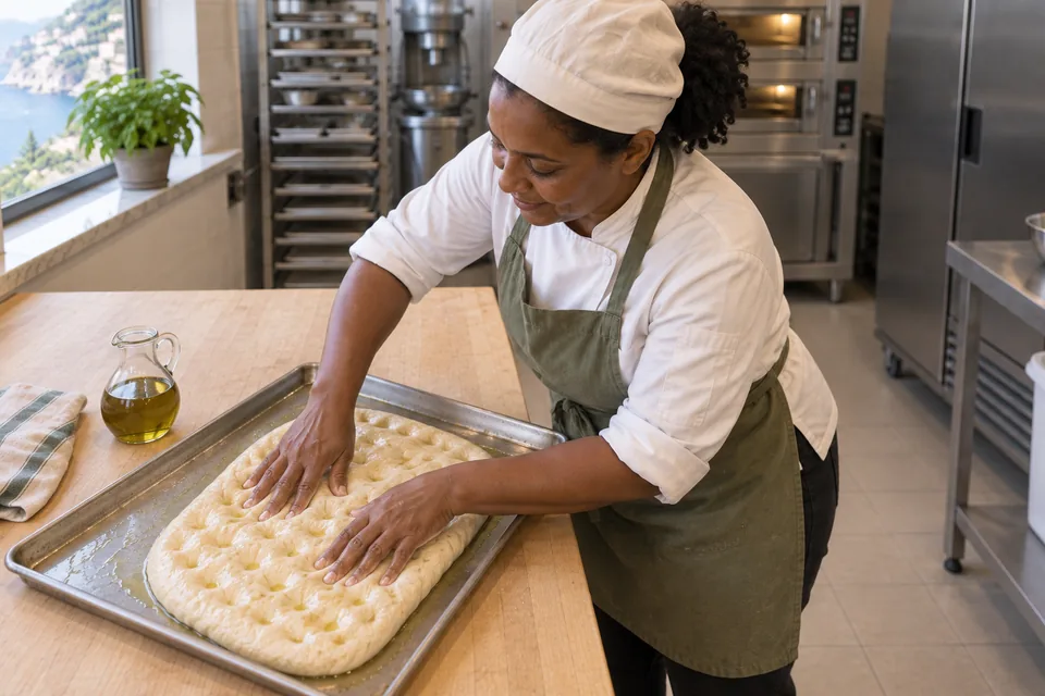 Olive oil pooling in deep dimples on one plain oblong focaccia dough.