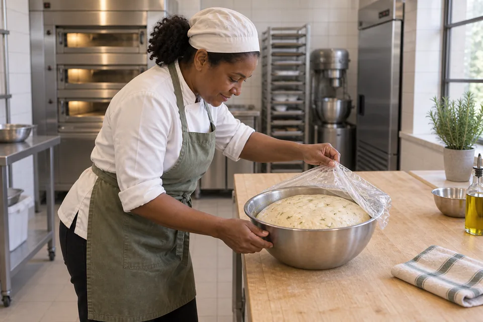 Baker uncovering a doubled rosemary-flecked dough in a steel bowl.