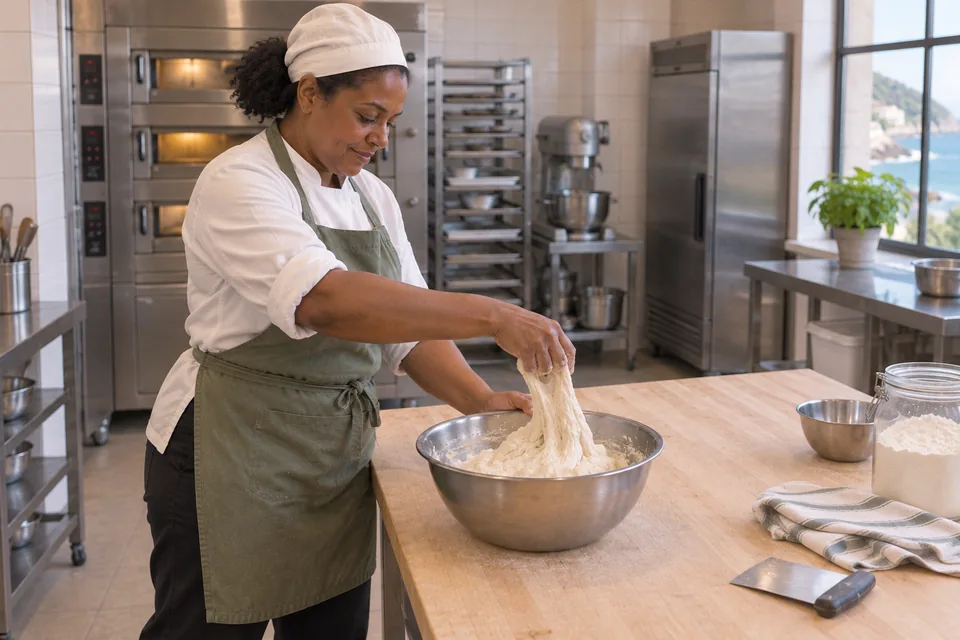 Baker lifting a connected flap of soft white dough from a bowl.