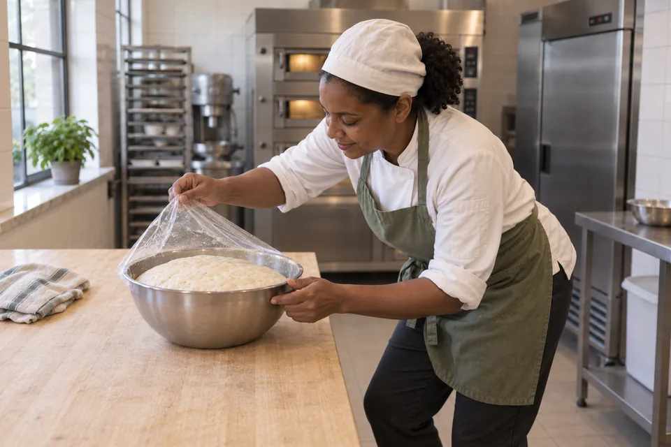 Baker uncovering a puffy white dough dome in a bowl.